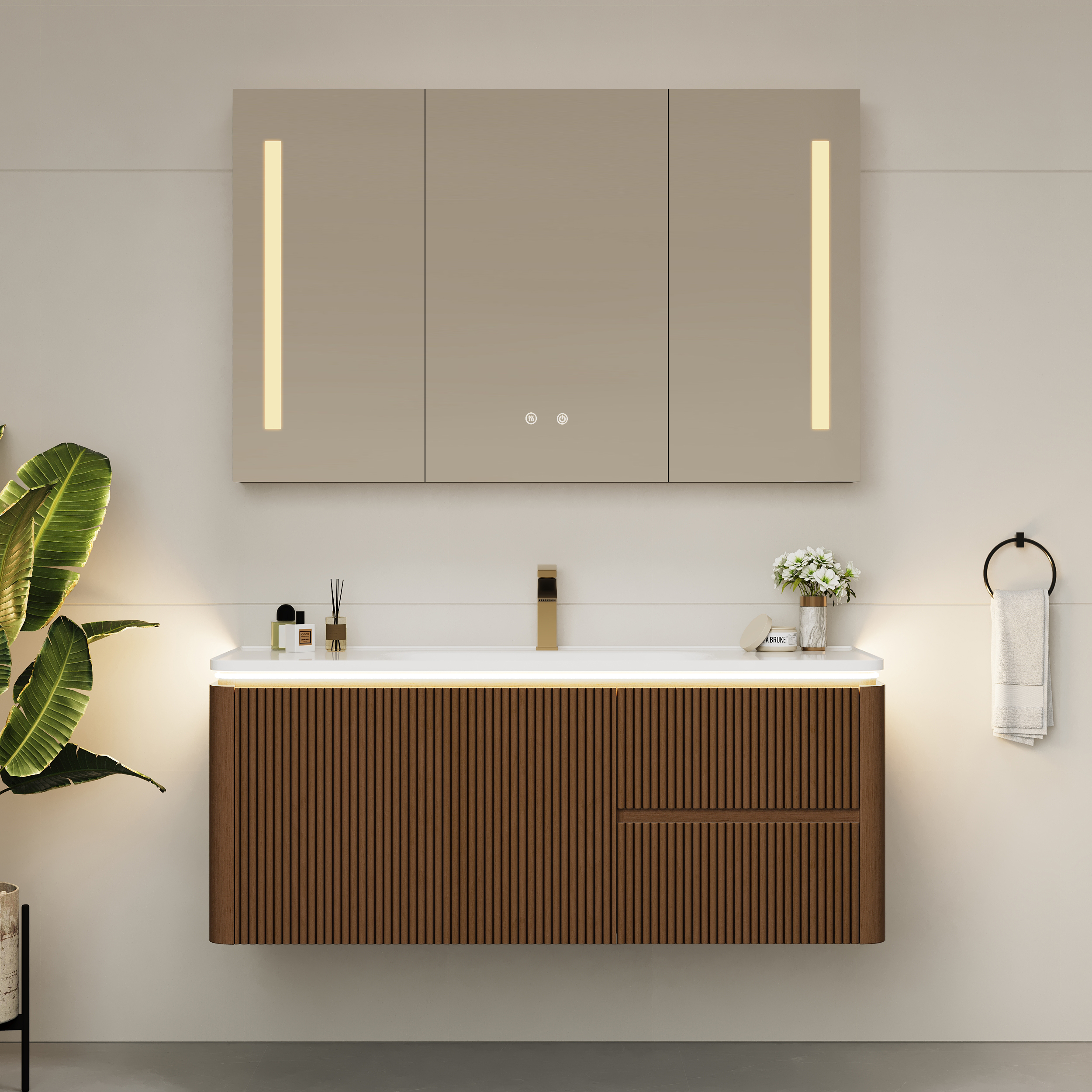 Modern 120 cm Floating Fluted Bathroom Vanity with Sink, Soft LED, Ample Storage