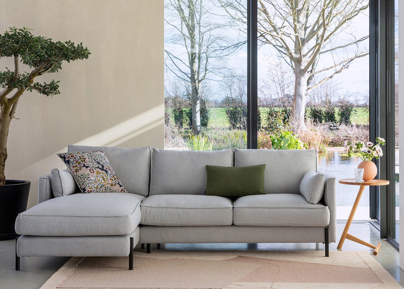 Heal's Tortona Left Hand Facing 4 Seater Corner Chaise Smart Velvet Ocean Black Feet 3