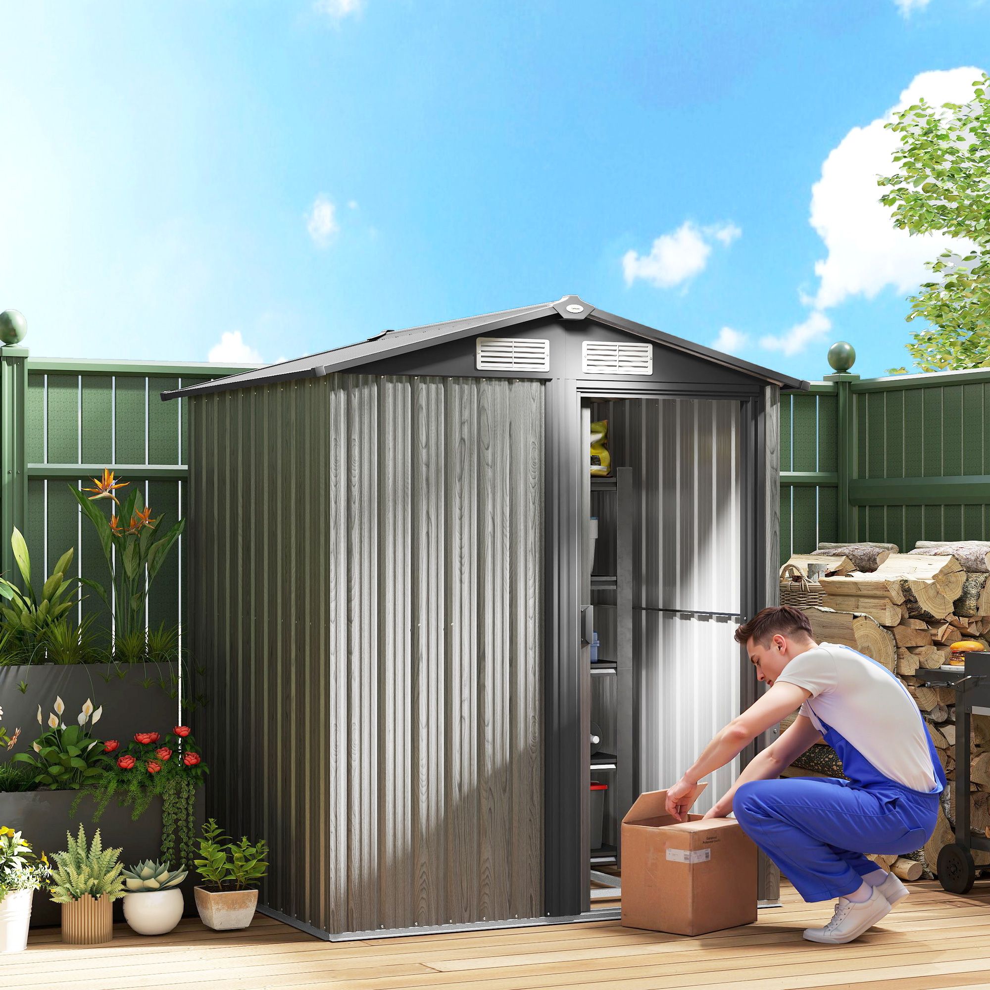 OUTSUNNY 5ft x 4.3ft Outdoor Metal Storage Shed with Sliding Door Sloped Roof in Grey