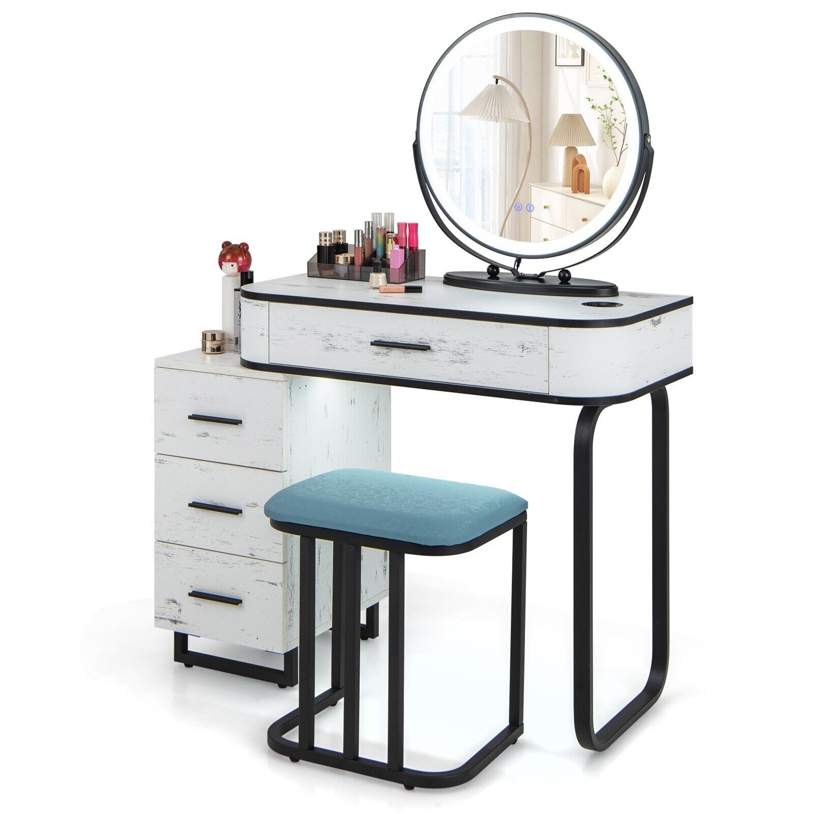 Costway Dressing Table Vanity Set Makeup Stool w/ Charging Station & 3Color Lighted Swivel Mirror & 3Drawer Chest in White