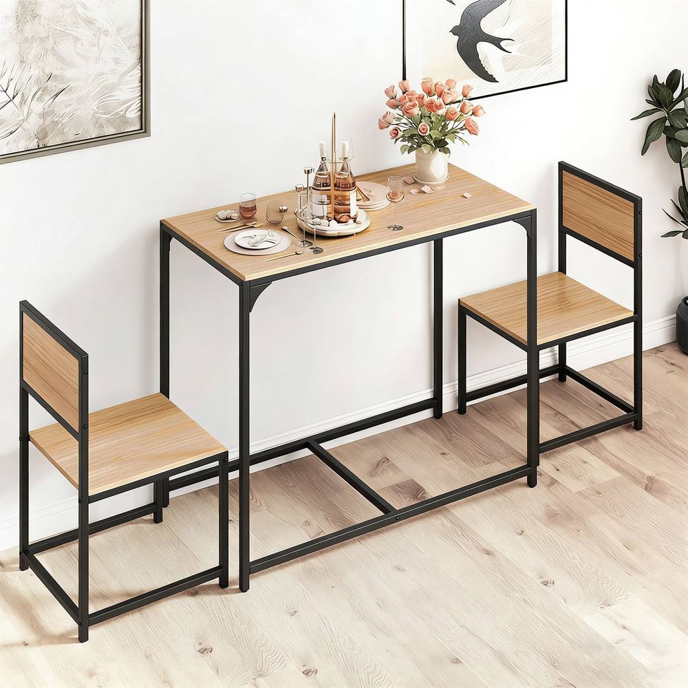 Costway 3 PCS Industrial Dining Table Set Rectangular Kitchen Table & 2 Chairs in Natural