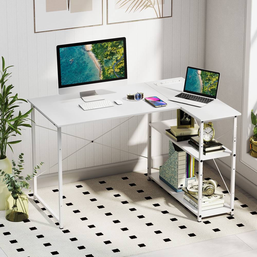 Costway L-shaped Computer Desk w/Power Outlet Workstation w/Reversible Shelves in White