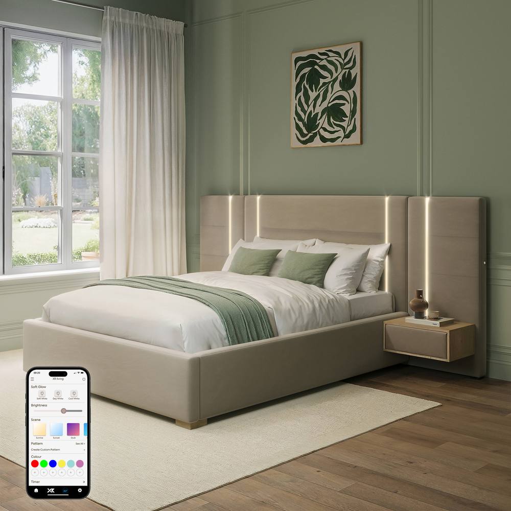 X Rocker Amelia Ottoman Hotel Bed with App-Controlled LED Lights & Bedsides in Beige