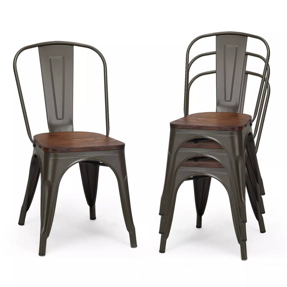 Costway Set of 4 Dining Chair Industrial Stackable Bar Stool with High Backrest in Brown