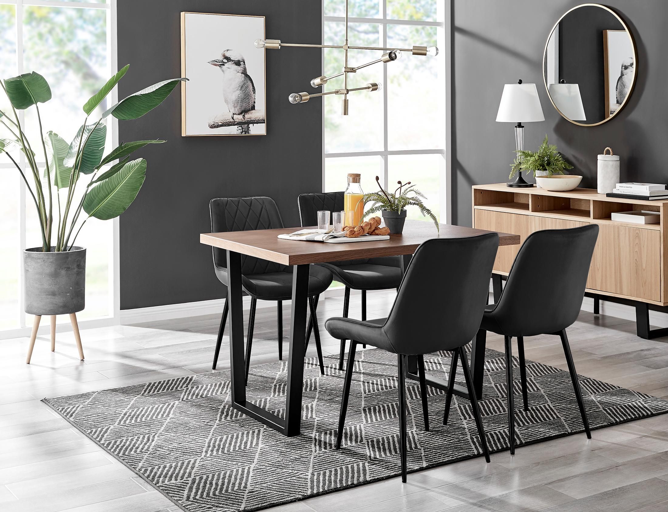 FurnitureboxUK Kylo Brown Wood Effect Dining Table With Black 'U' Legs & 4 Pesaro Velvet Chairs