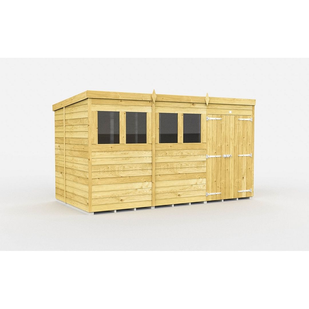 Buttercup Farm 12 x 7 Feet Pent Shed - Double Door W/ Windows - L214 x W358 x H201 cm in Brown