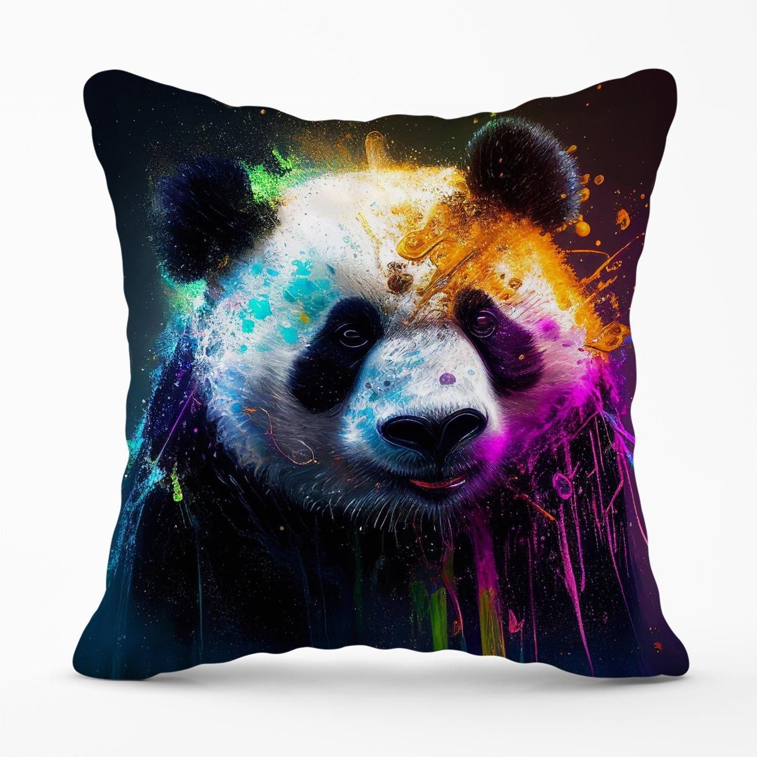 Warren Reed - Designer Panda Face Splashart Colourful Outdoor Cushion in Blue