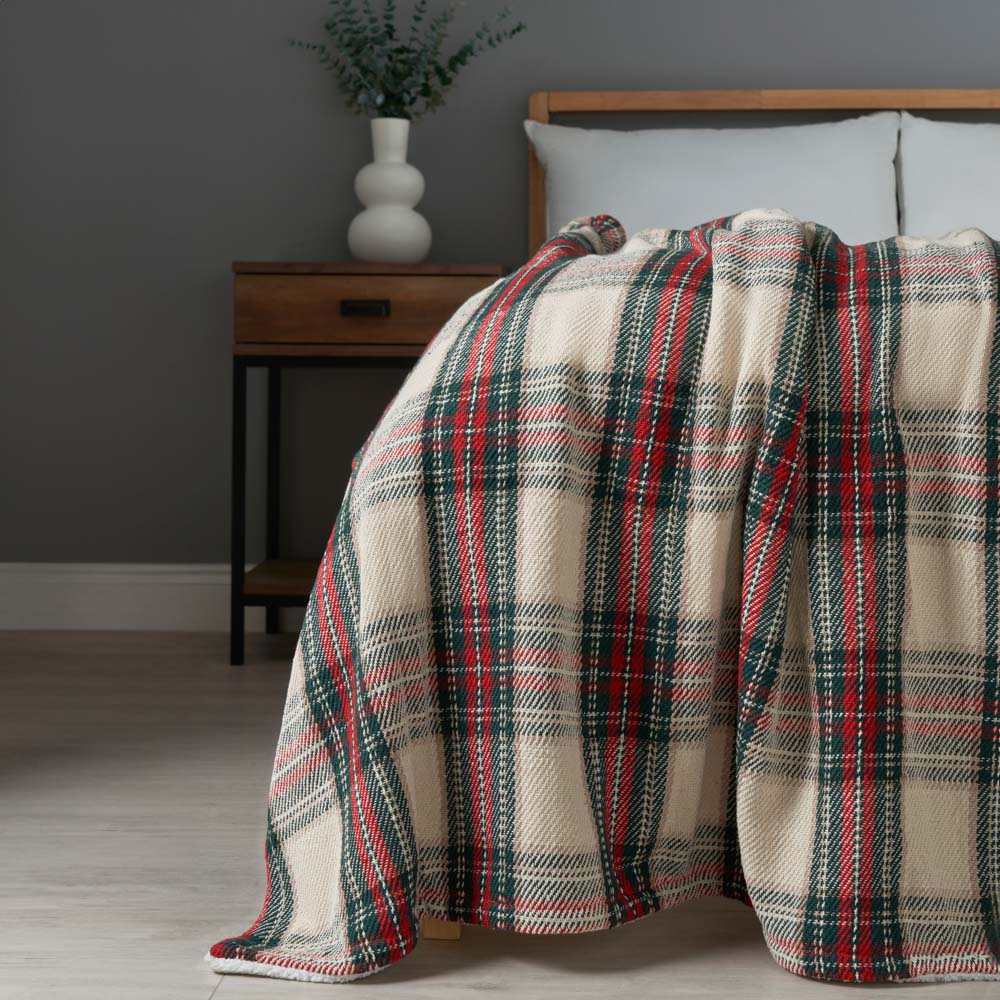 Christmas Check Throw with Sherpa Back, Multi-Coloured