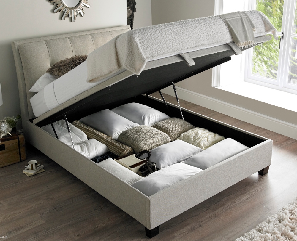 Accent Oatmeal Fabric Ottoman Storage Bed Frame - 6ft Super King Size
