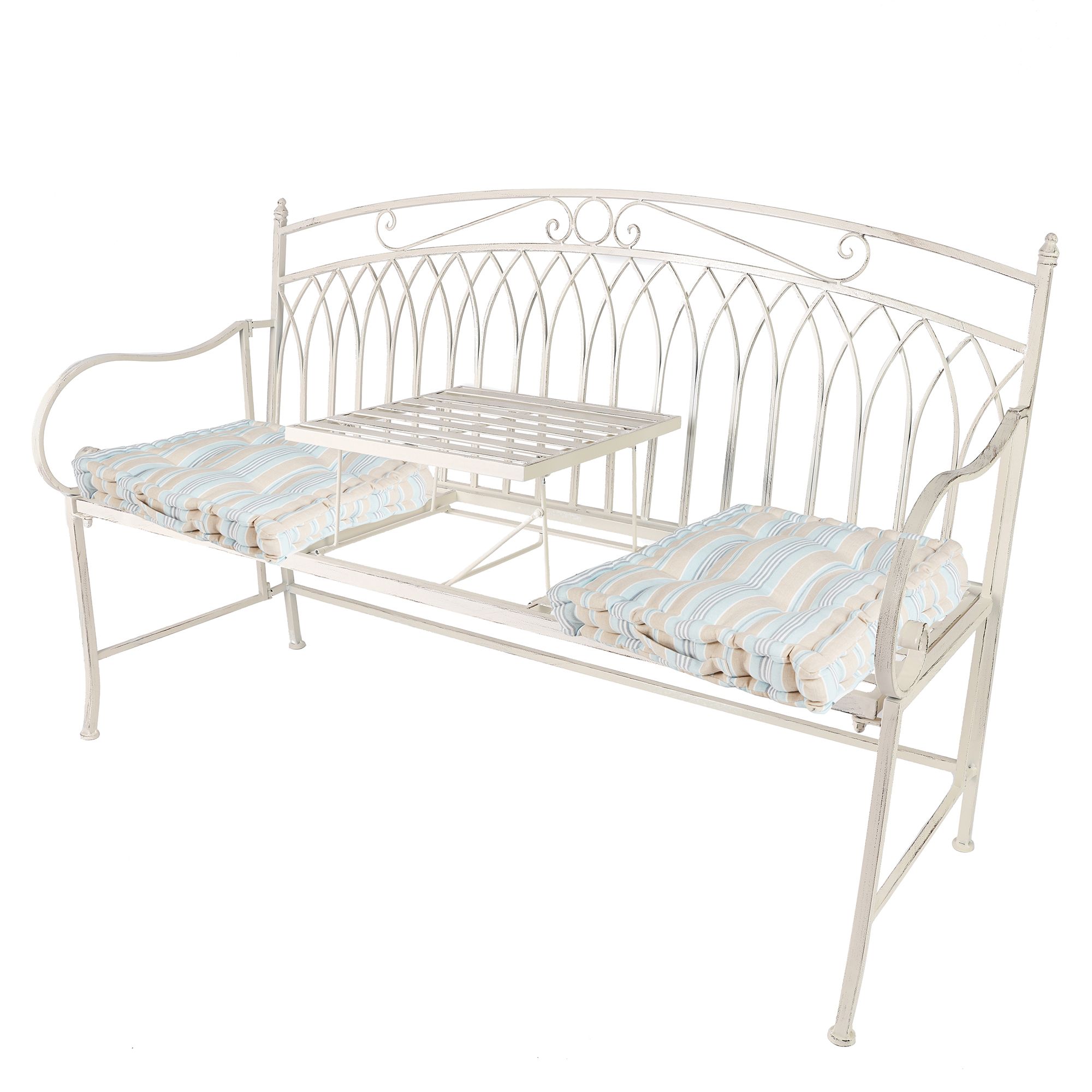 Dibor Vintage Large Cream Arched Outdoor Garden Furniture Companion Seat Garden Bench with Free Set of 2 Blue Box Cushions
