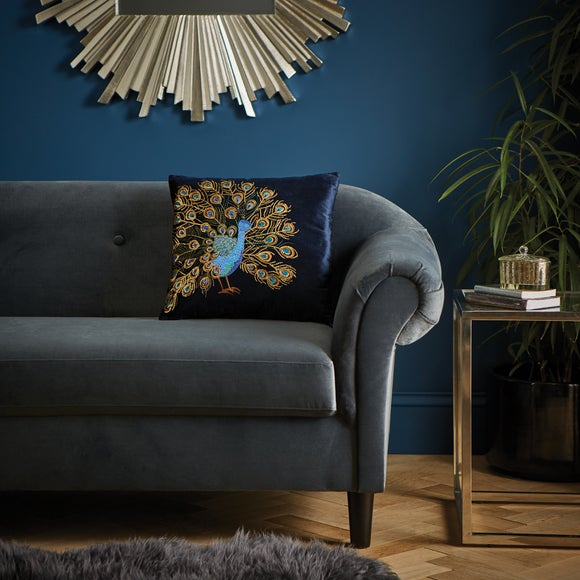 Navy Embroidered Peacock Cushion