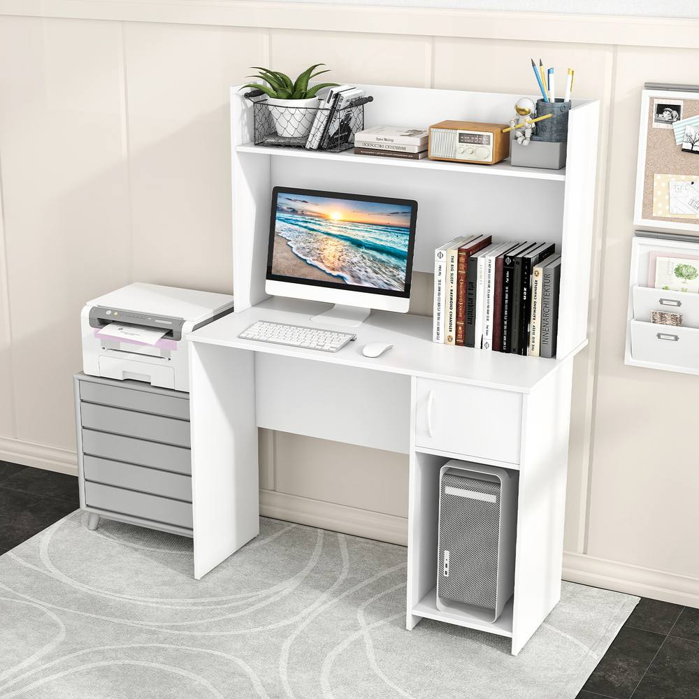 Costway Modern Computer Desk Home Office Writing Study Desk w/ Display Shelf in White