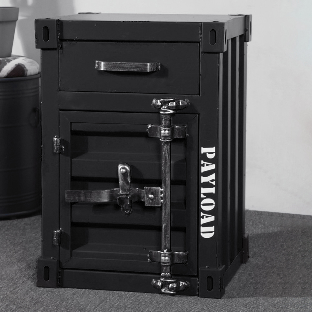 Ctainer Industrial Loft Black Bedside Table Retro Bedside Storage Cabinet with Door & Drawer