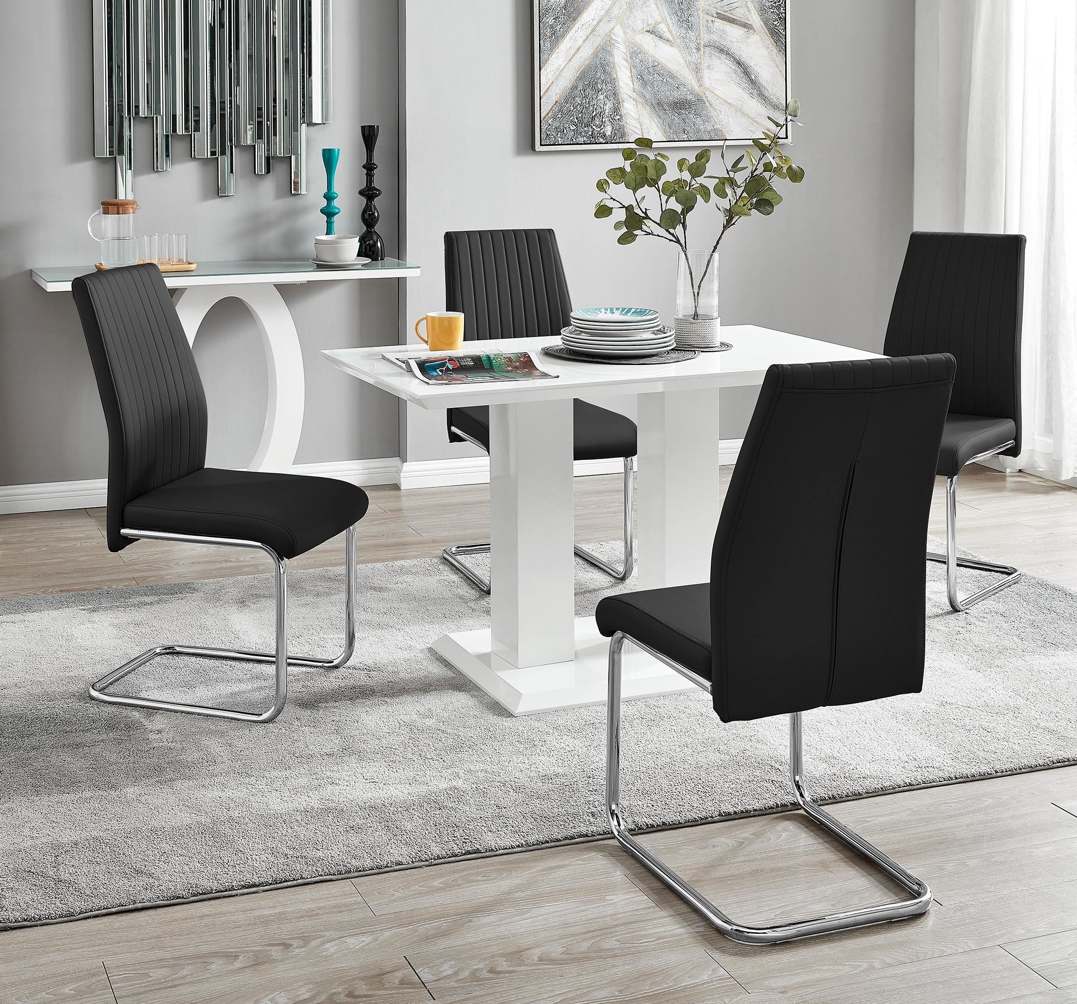 FurnitureboxUK Imperia 4 Seater Modern White High Gloss Rectangular Dining Table & 4 Lorenzo Faux Leather Chairs in Black