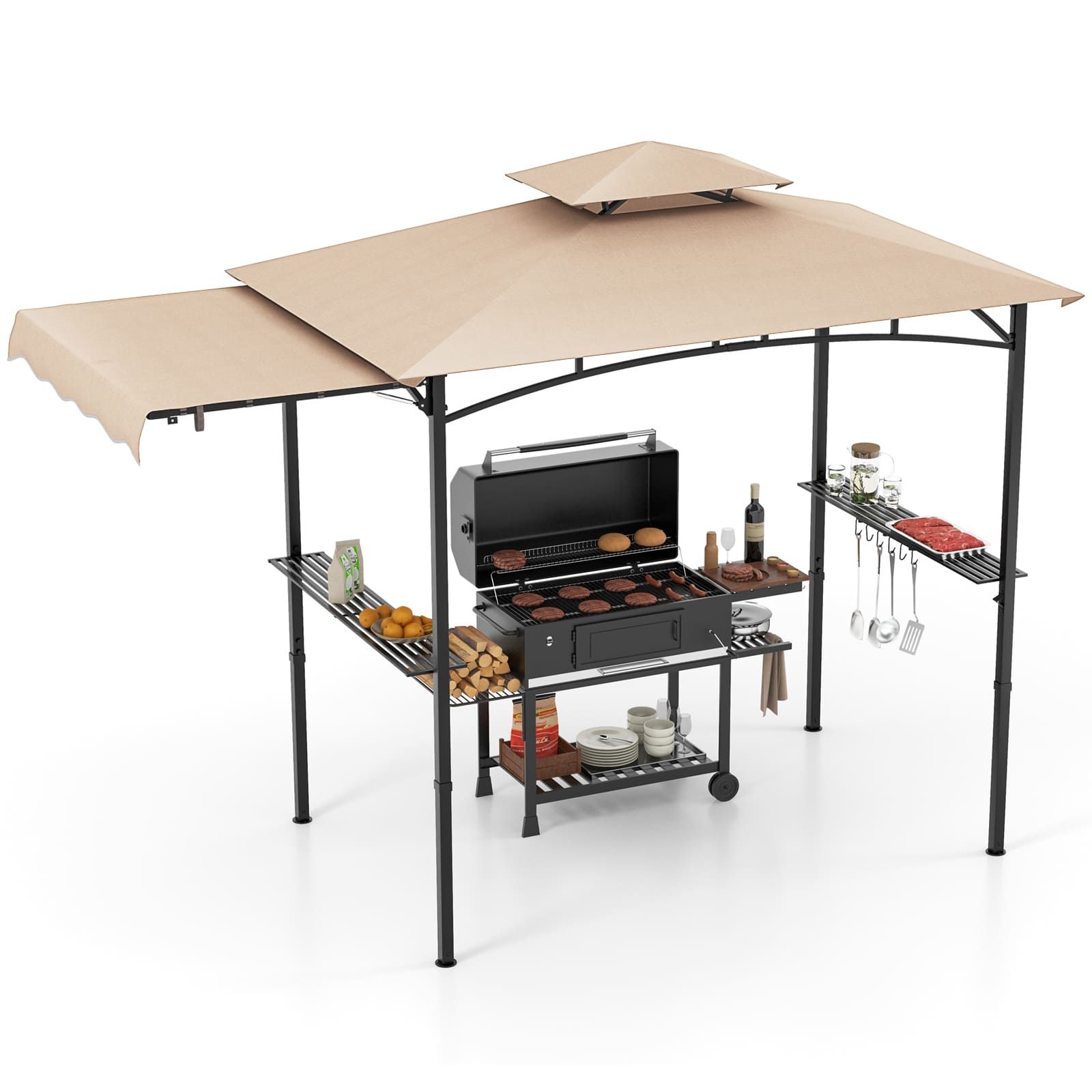Costway 318x153cm Grill Gazebo Outdoor Barbecue Canopy Tent w/Side Awning in Beige