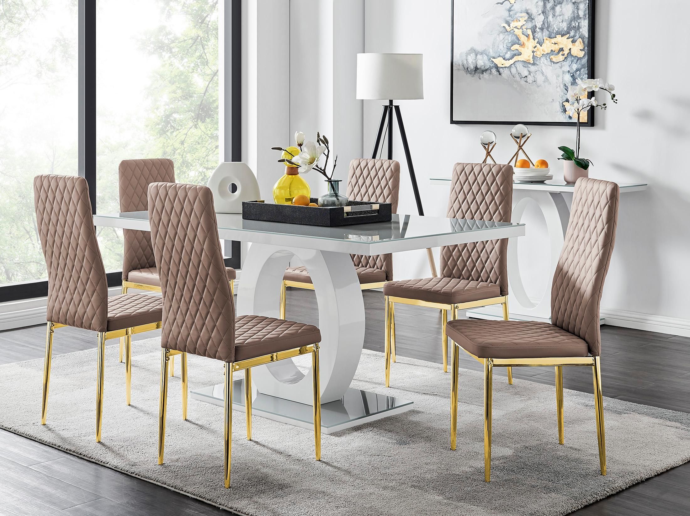 FurnitureboxUK Giovani 6-Seater Grey Glass Dining Table & 6 Milan Faux Leather Dining Chairs in Beige