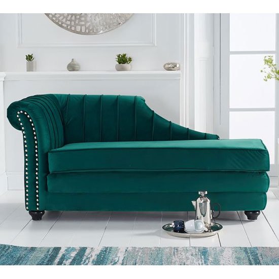 Laurn Velvet Left Facing Arm Lounge Chaise In Green