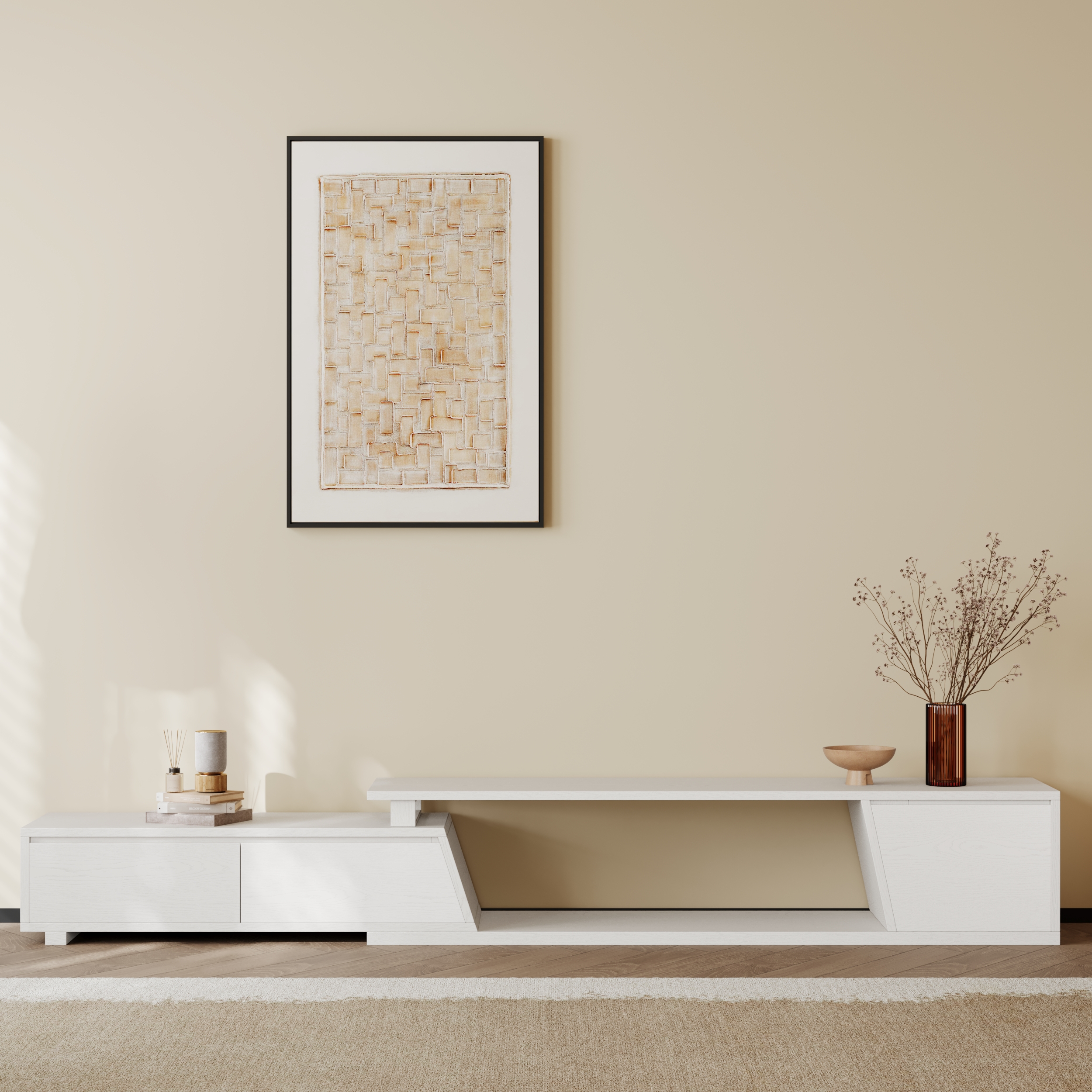 Fero White Extendable TV Stand with 3 Drawers (1800 mm - 2800 mm)