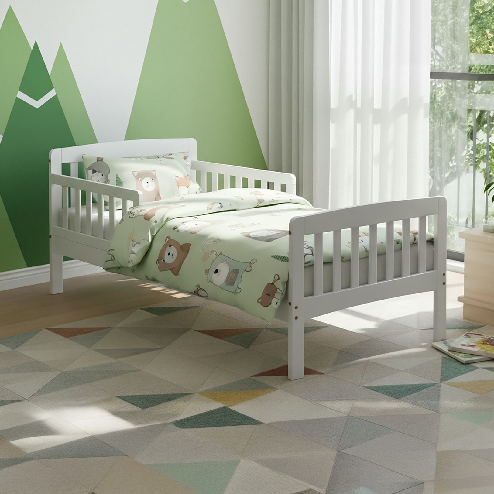 Jinsen - Toddler - Toddler Bed with Safety Railings - White - Wood