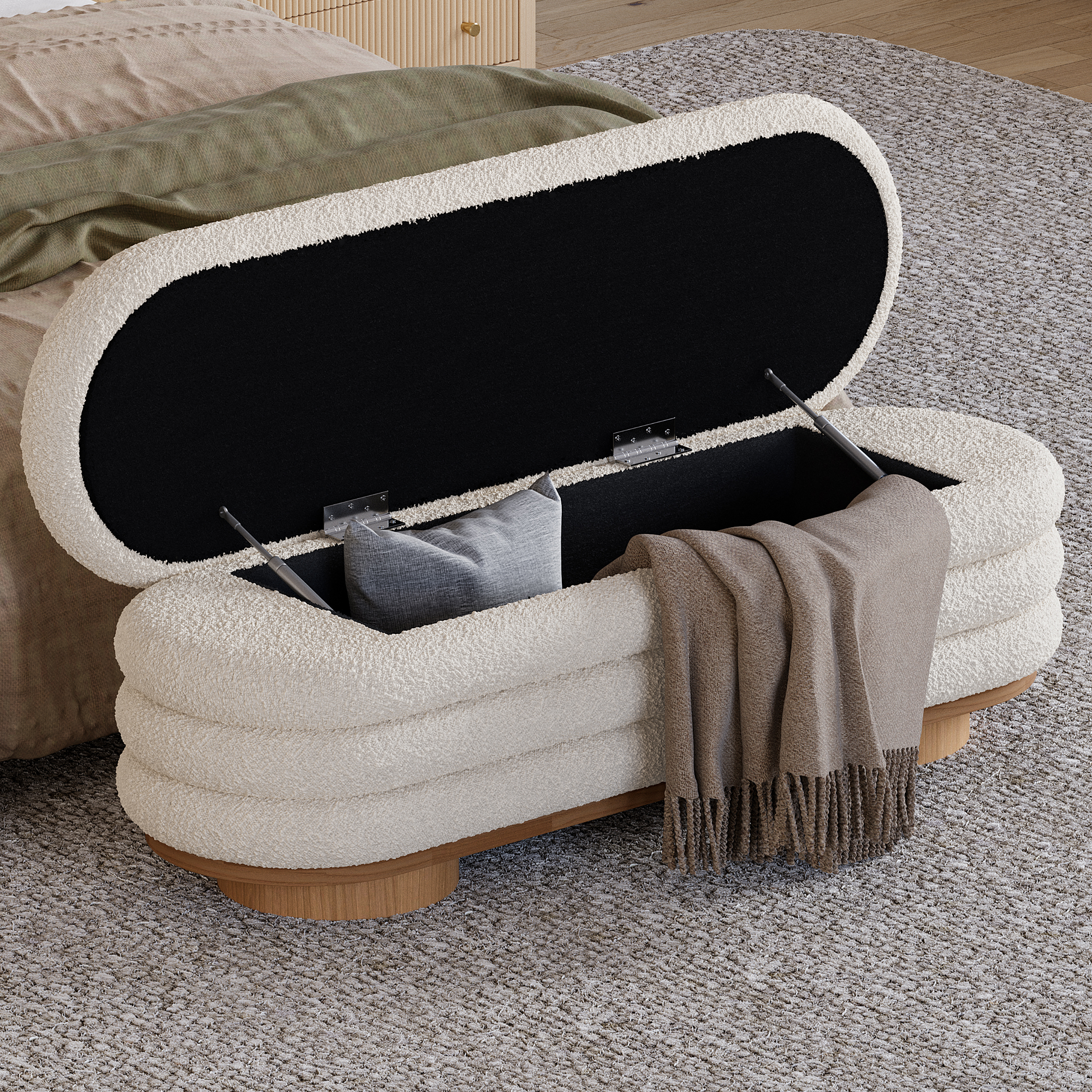 1350mm Modern White Bedroom Storage Bench Boucle Upholstery with Wood Legs