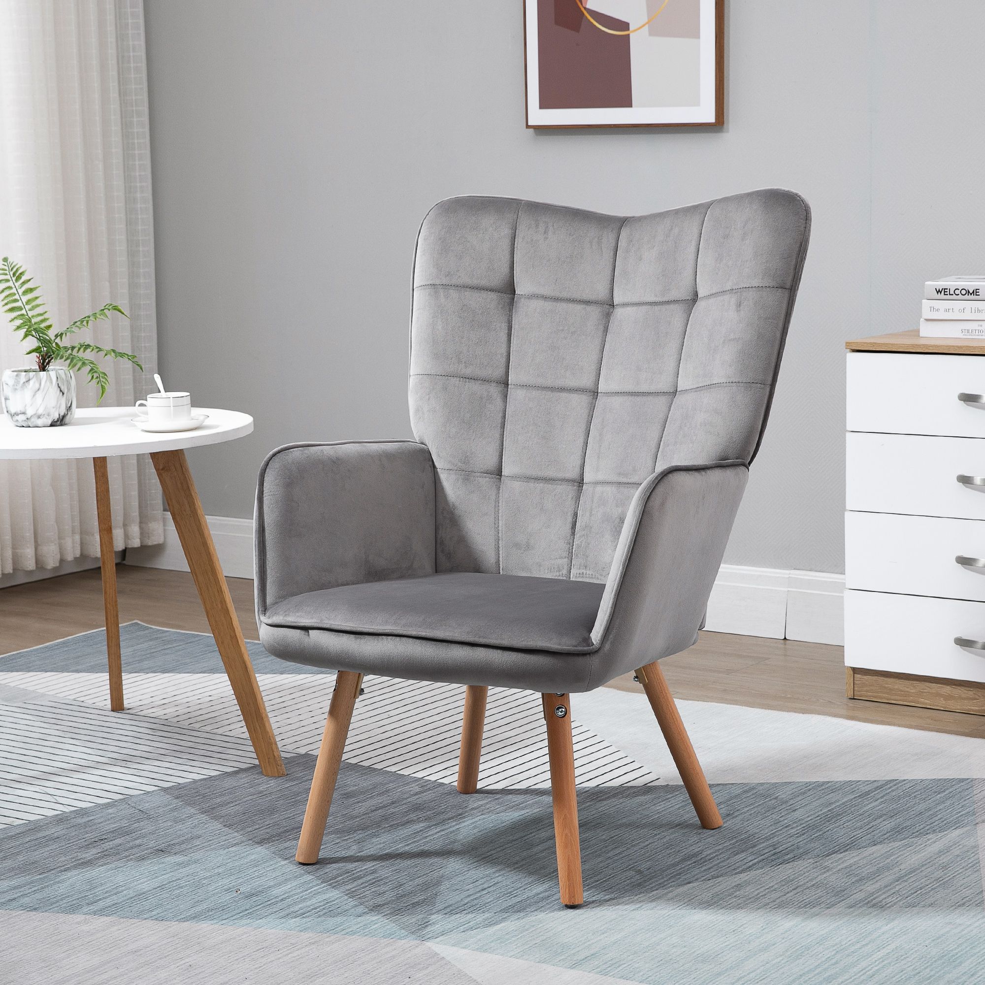 HOMCOM Modern Accent Chair Velvet-Touch Tufted Wingback Armchair Wood Legs in Grey