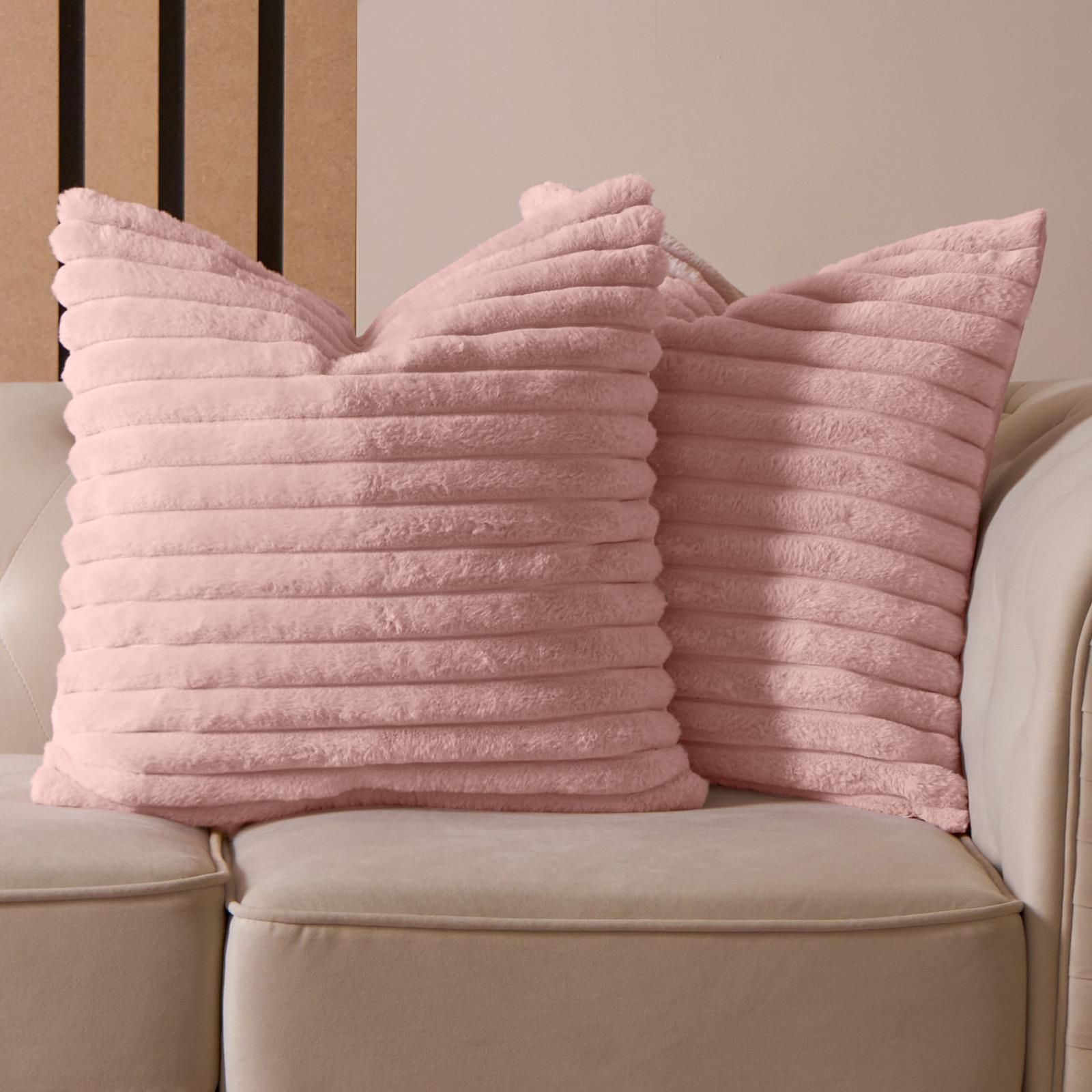 OHS 2 x Faux Fur Thick Rib Cushion Covers in Pink