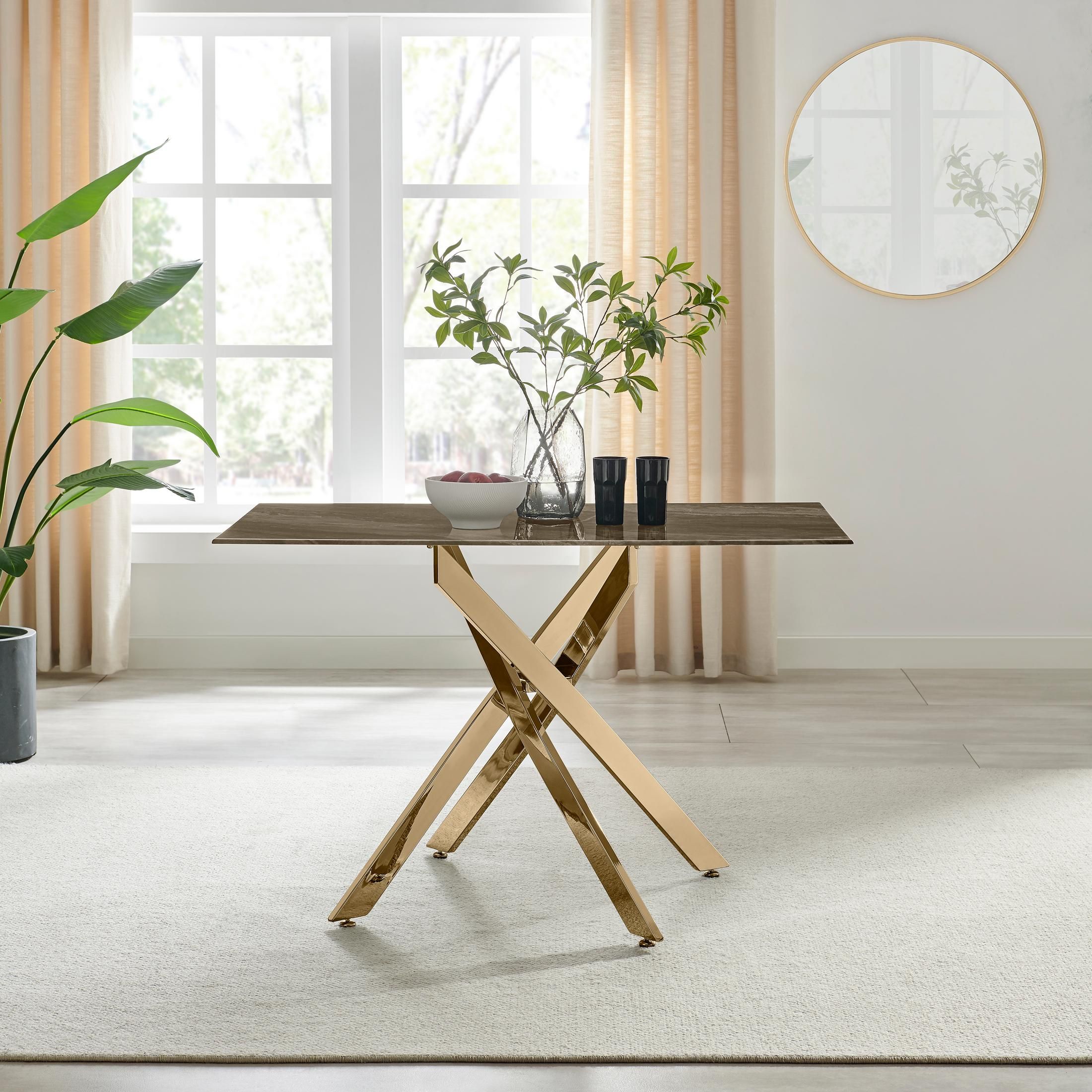 FurnitureboxUK Leonardo 4-Seater Dining Table With Marble Effect Glass Top & Gold Metal Legs in Dark Brown