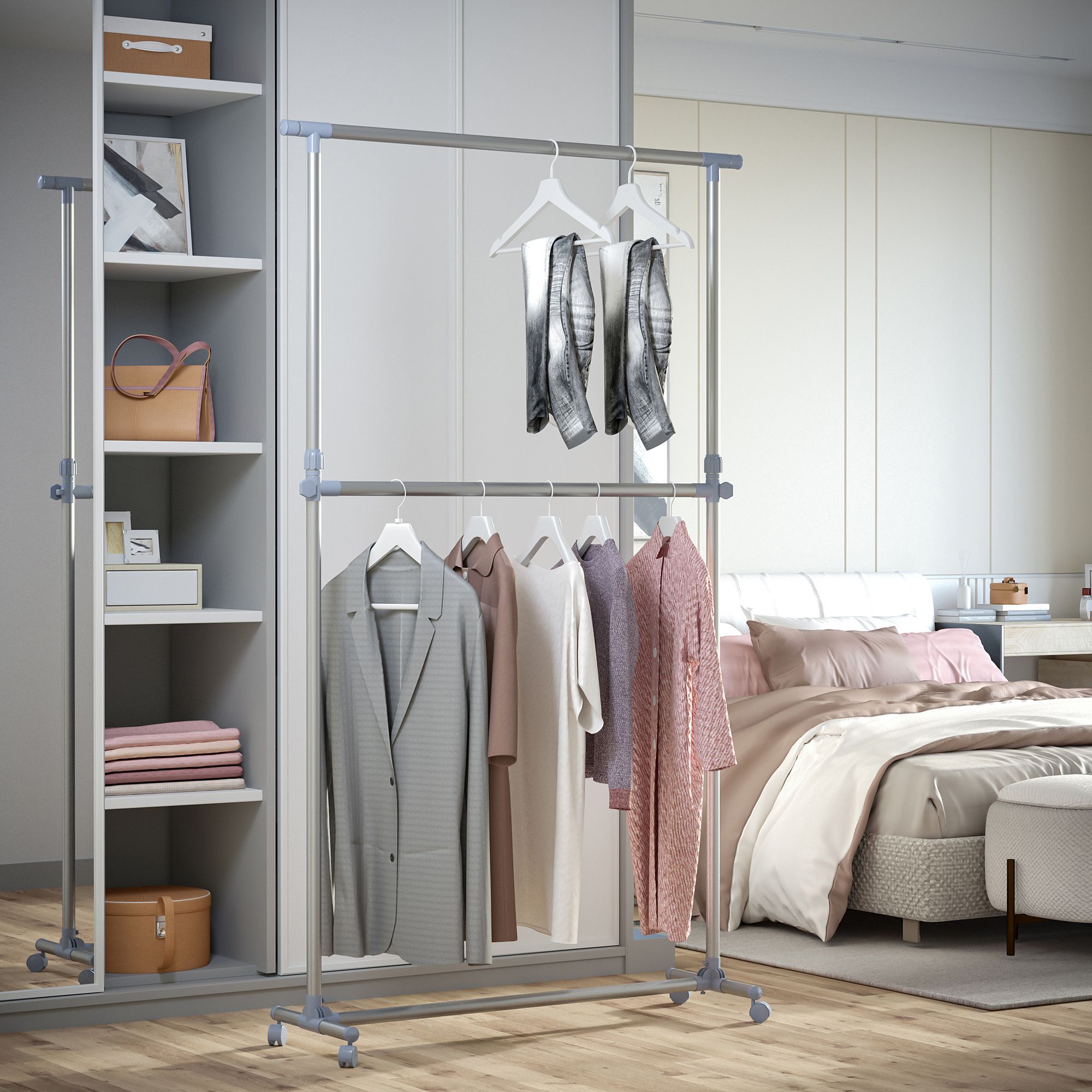 HOMCOM Heavy Duty Adjustable Clothes Hanger Storage Clots Rail Garments Shelf in Grey
