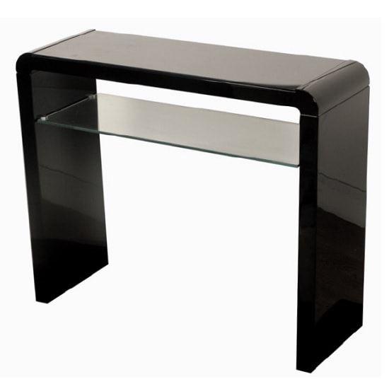 Norset Medium Console Table In Black Gloss With 1 Glass Shelf