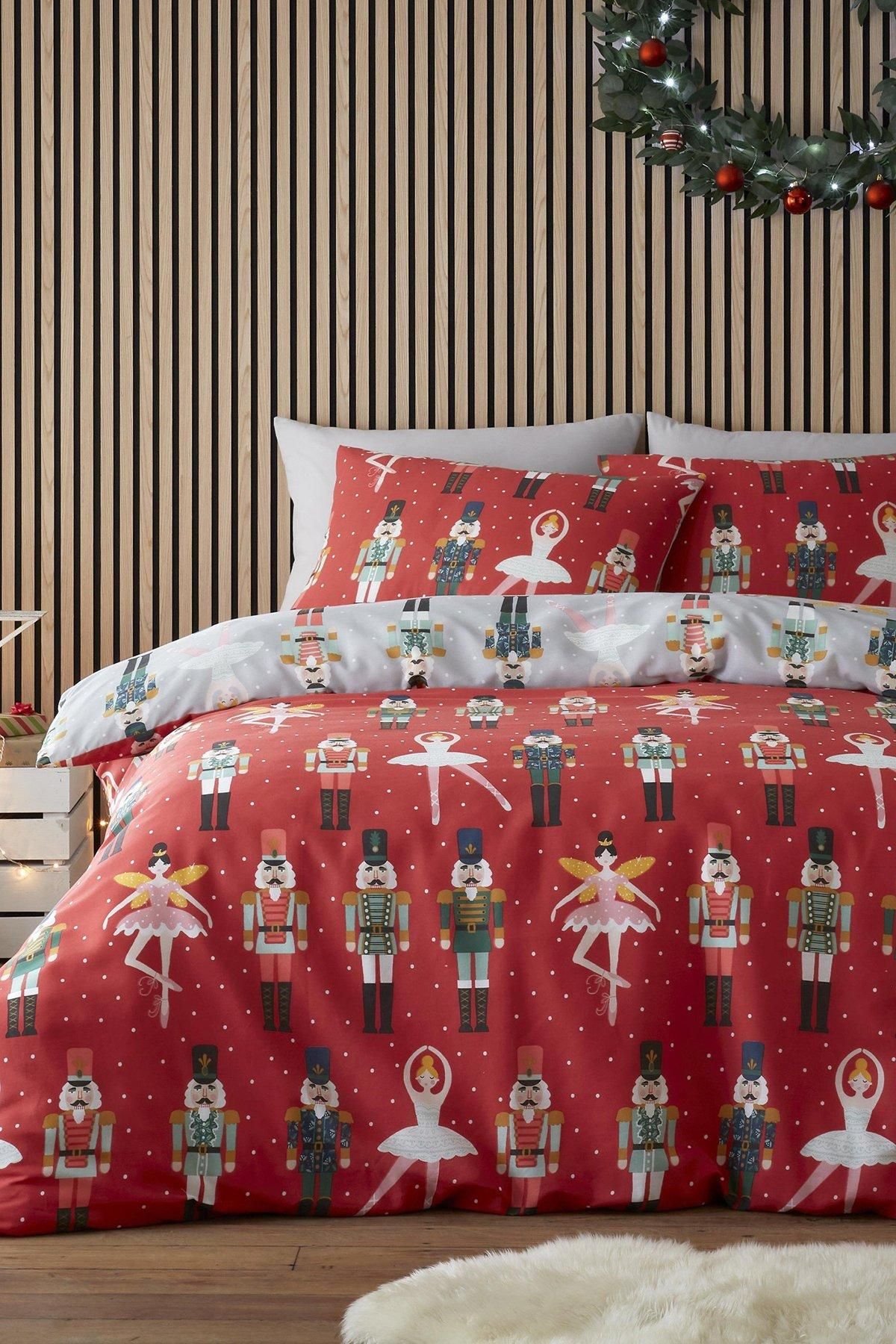 Fusion 'Nutcracker' Festive Character Print Duvet Cover Set in Red