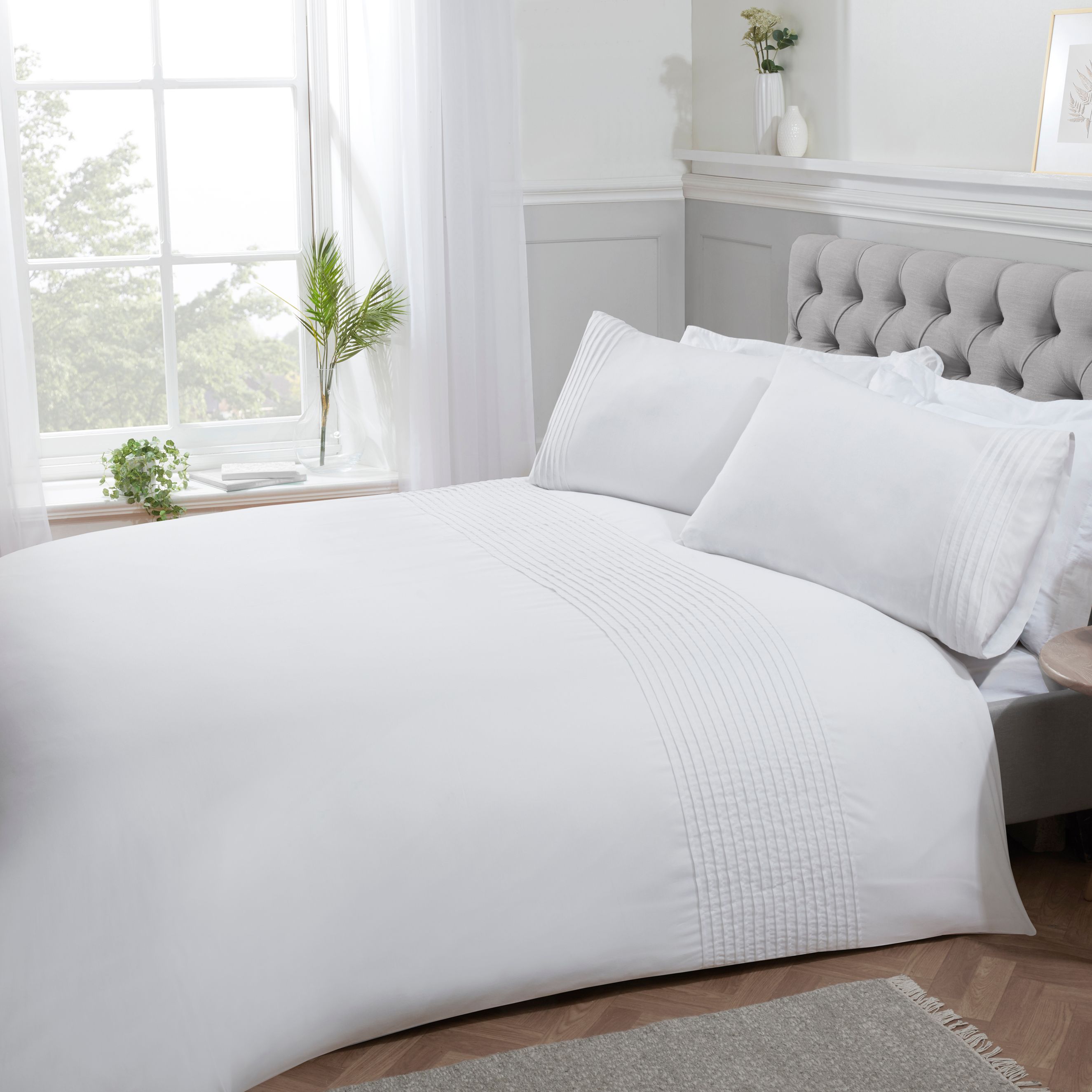Smart Living Luxury Pintuck Pleated Striped Panel Duvet Cover With Pillowcases in White
