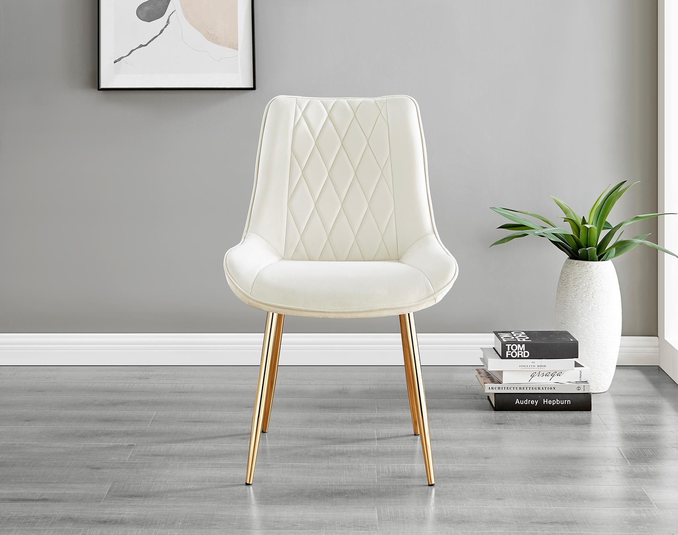FurnitureboxUK Novara 100cm Round Tempered Glass Dining Table with Gold Legs & 4 Pesaro Velvet Chairs in Cream