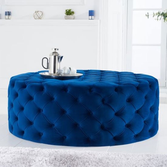 Montrose Velvet Large Round Footstool In Blue