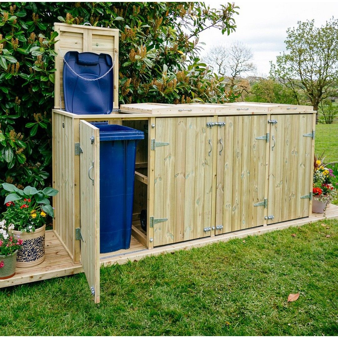 Buttercup Farm Shireburn Quad Wheelie Bin Store, Fits 3x 180L or 240L & 1x 140L Bin in Brown