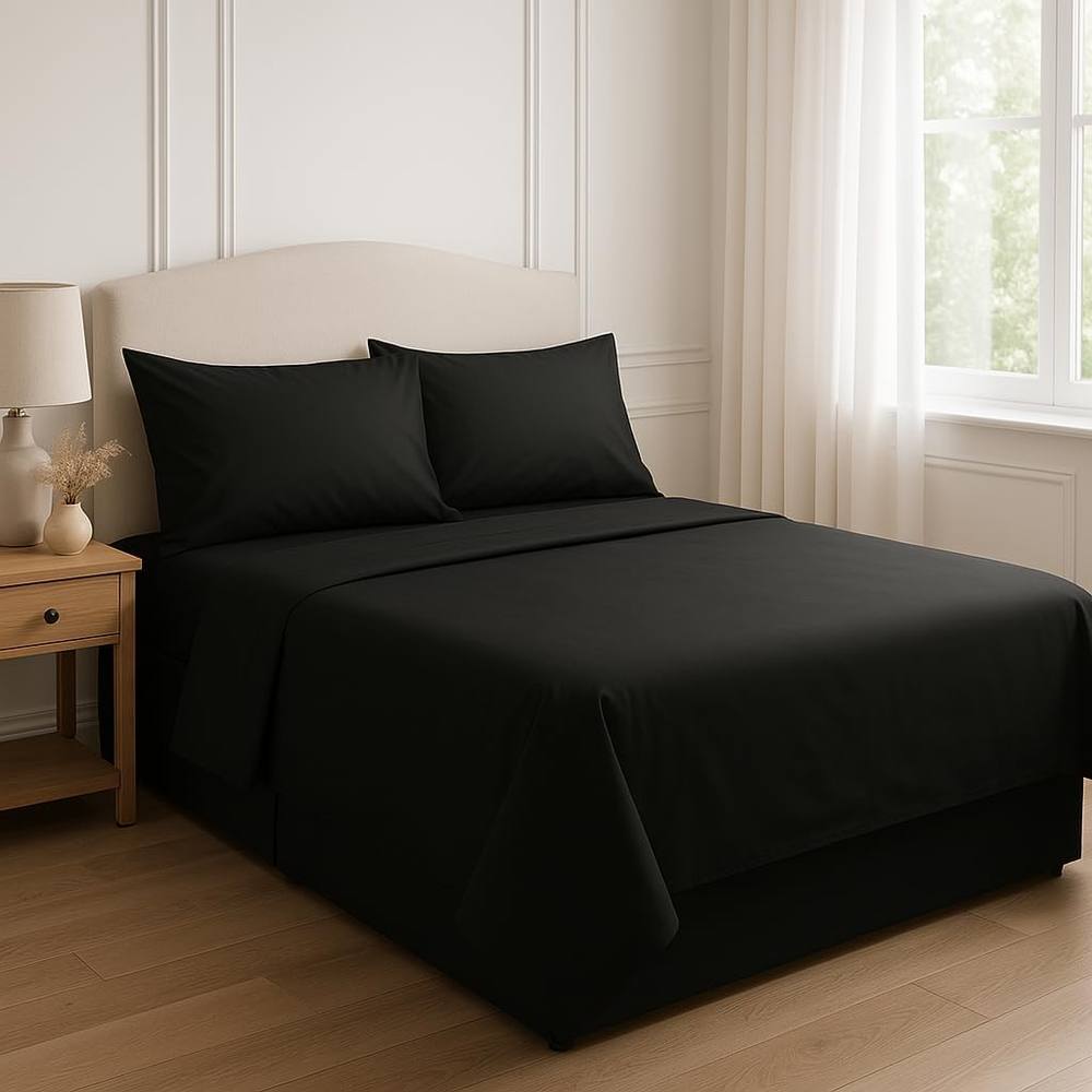 Homes-Linen 180 Thread Count Rich Percale Flat Sheet Polycotton Blend in Black