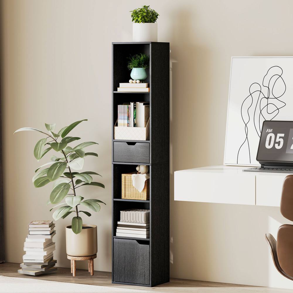 HOMCOM Narrow Bookshelf with Drawer, Tall Bookcase for Living Room in Black