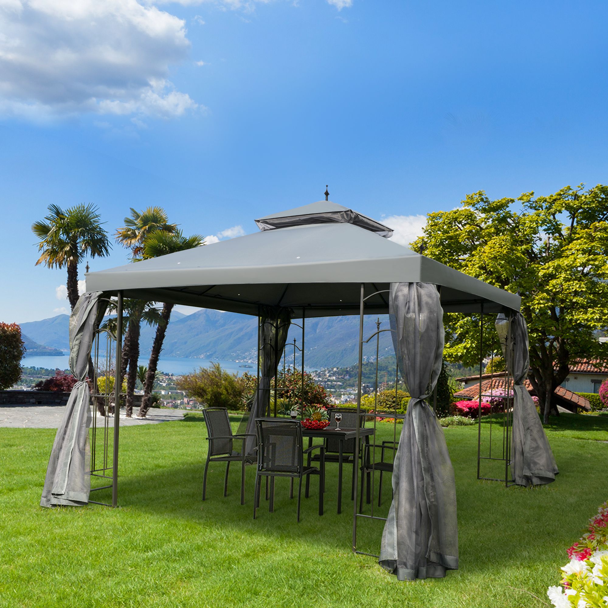 OUTSUNNY 3 x 3(m) Garden Gazebo Double Top Gazebo Canopy w/ Curtains in Grey