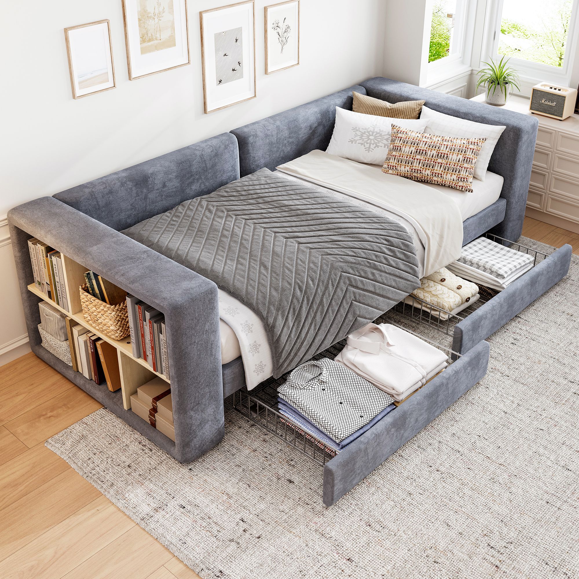 Matteo Upholstered Bed, 3FT Single Bed Daybed Sofa Bed, Side Storage Compartment in Grey