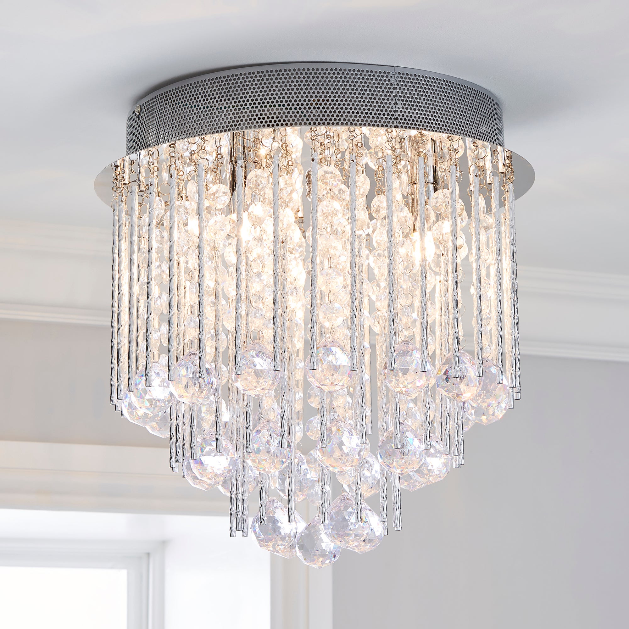 Parika 3 Light Glass Droplet Flush Ceiling Fitting Silver