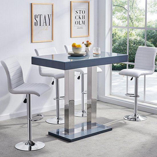 Caprice Glass Bar Table In Grey Gloss With 4 White Ripple Stools