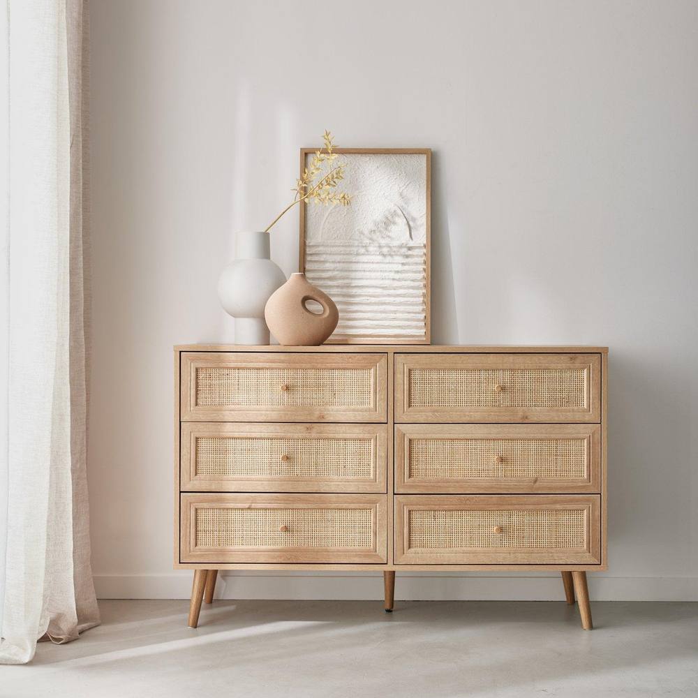 sweeek 6-drawer Chest With Wood & Cane Effect in Light Brown