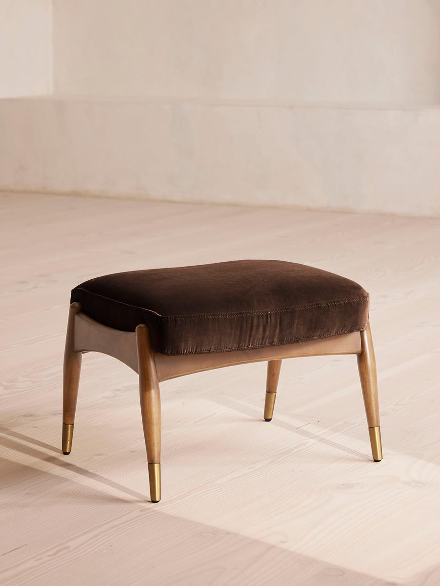Theodore Oak Footstool, Velvet, Chocolate Brown