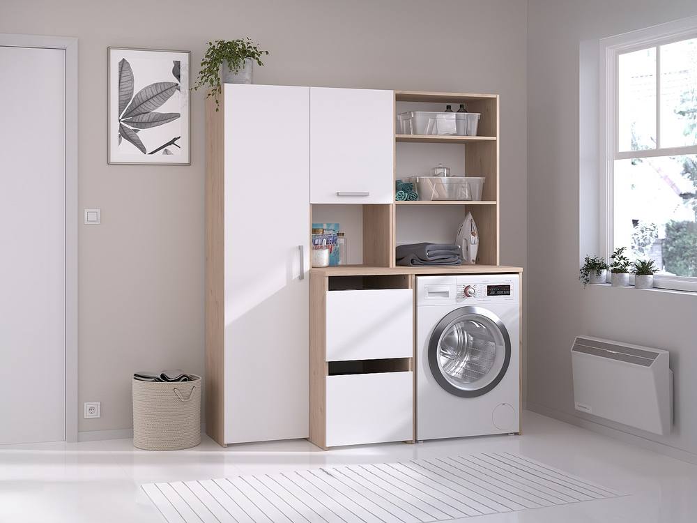 Vente-unique Washing Machine Cabinet With Shelves, Cupboard, & Storage Column in Light Oak