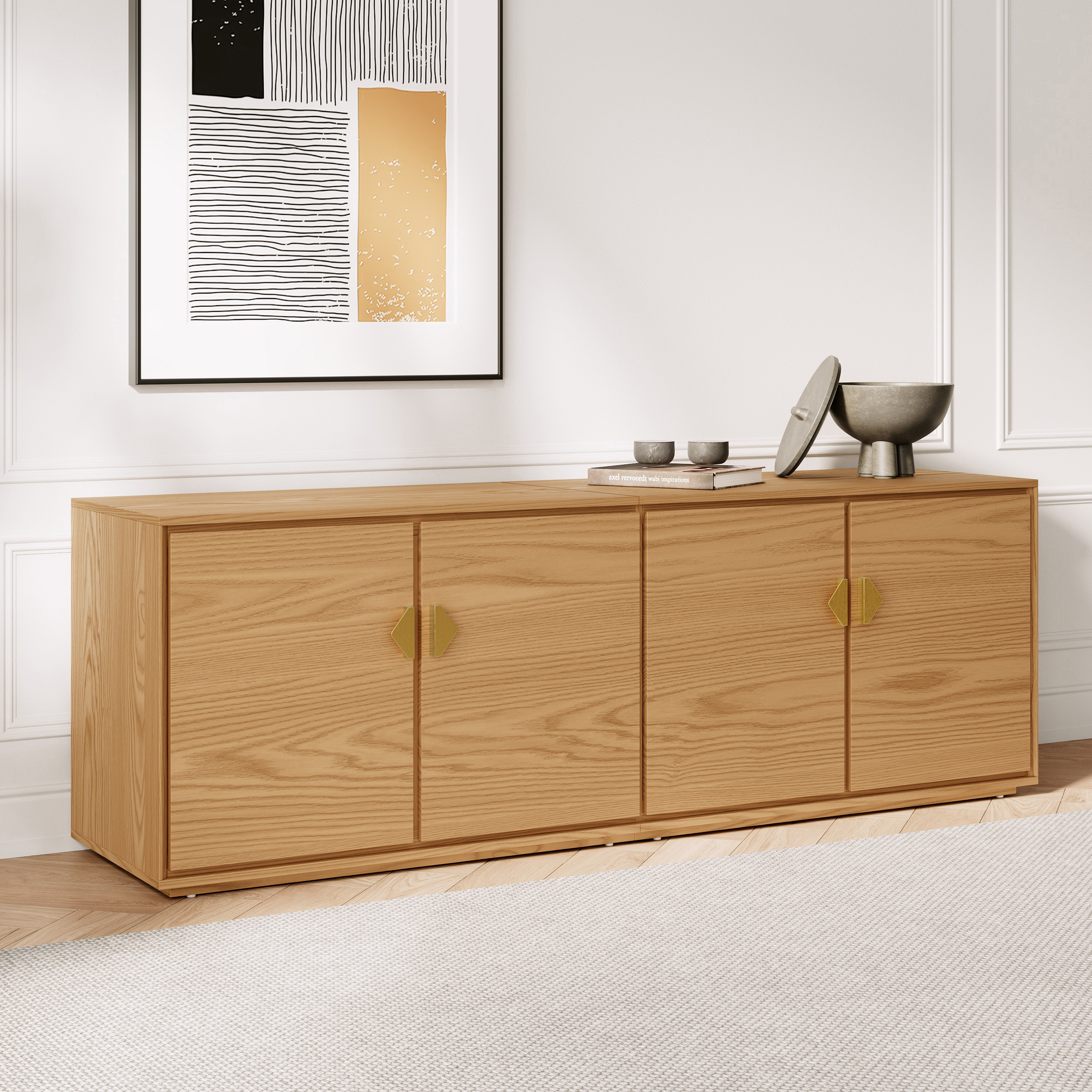 1600mm Mid Century Modern Natural Wood Tall TV Stand Media Console with Storage