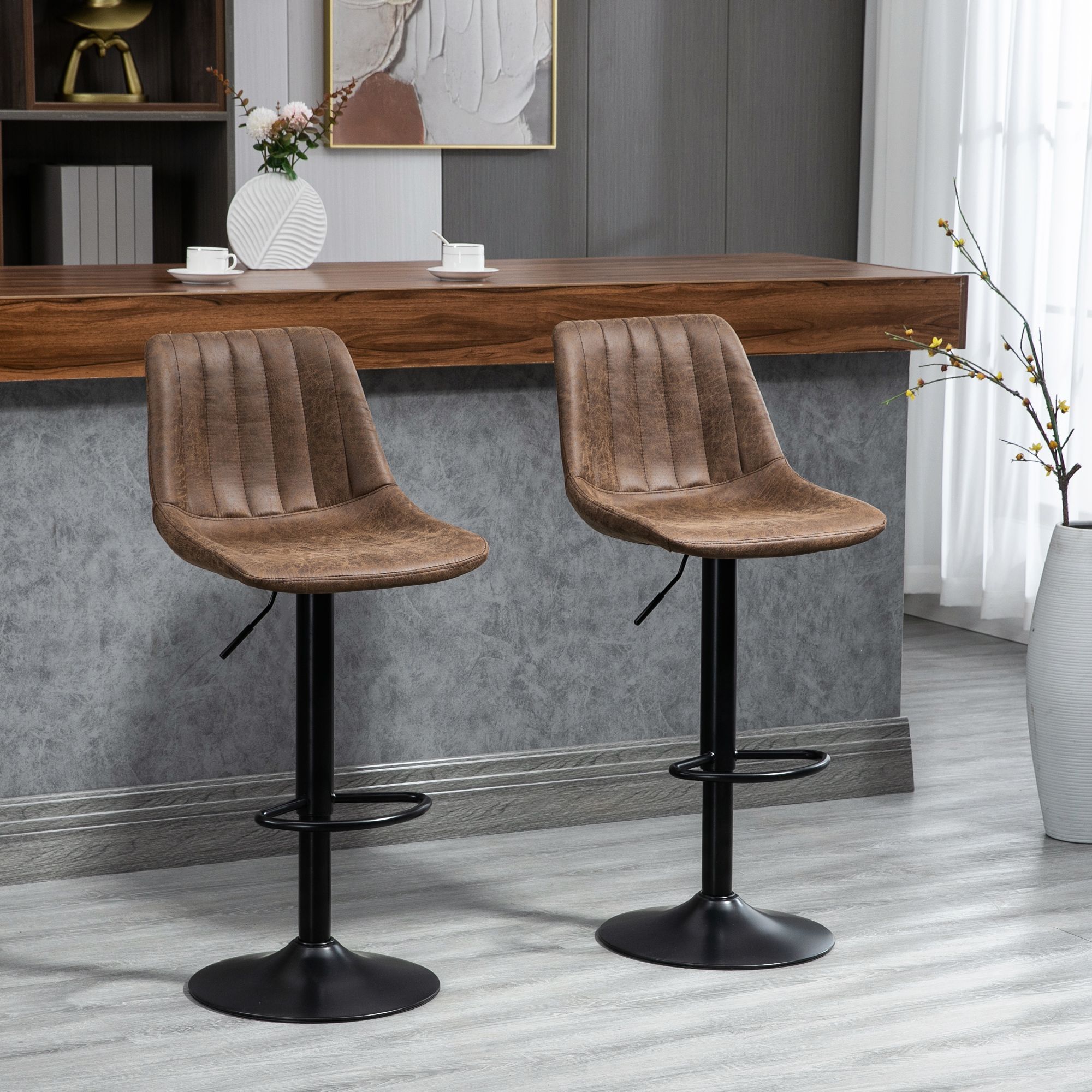 HOMCOM Of 2 Leathaire Tub Bar Stools w/ Metal Frame Footrest Home Seat in Brown
