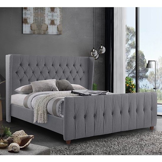Cadott Plush Velvet Small Double Bed In Grey