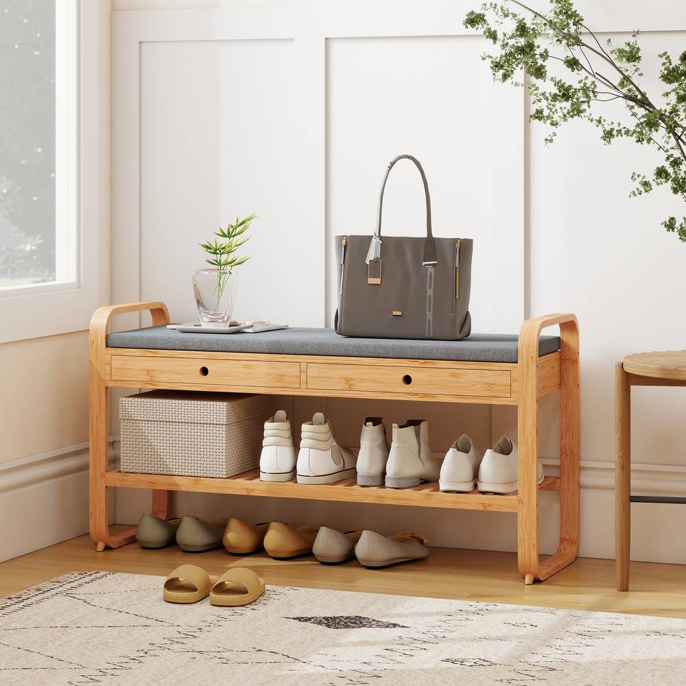 HOMCOM Shoe Bench with 2 Drawers Cushioned Seat 105 cm in Natural