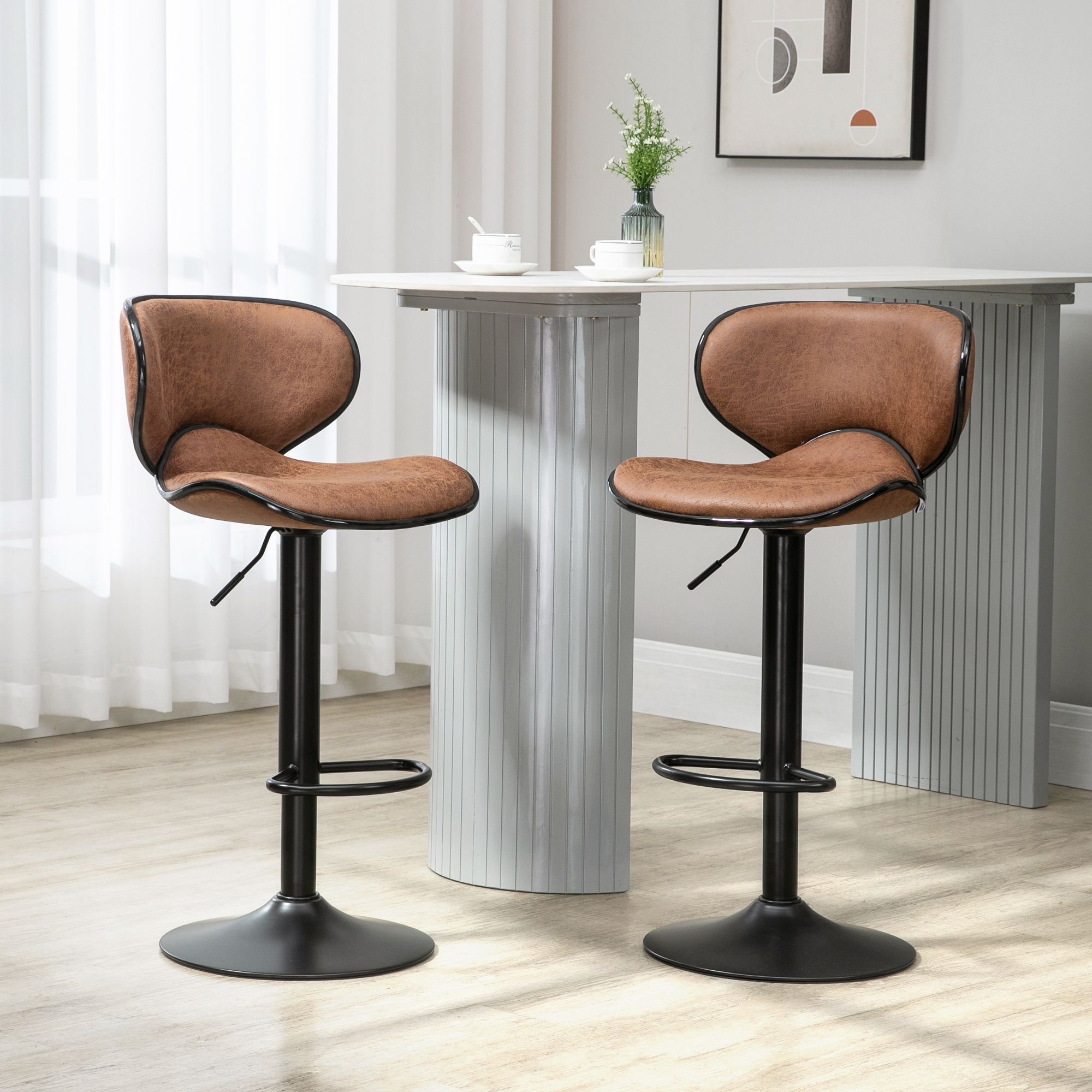 HOMCOM Bar Stool Set of 2 Faux Leather Adjustable Height Armless Chairs in Brown