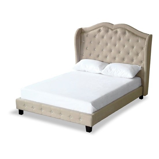 Barden Double Size Fabric Bed In Beige With Diamante Button
