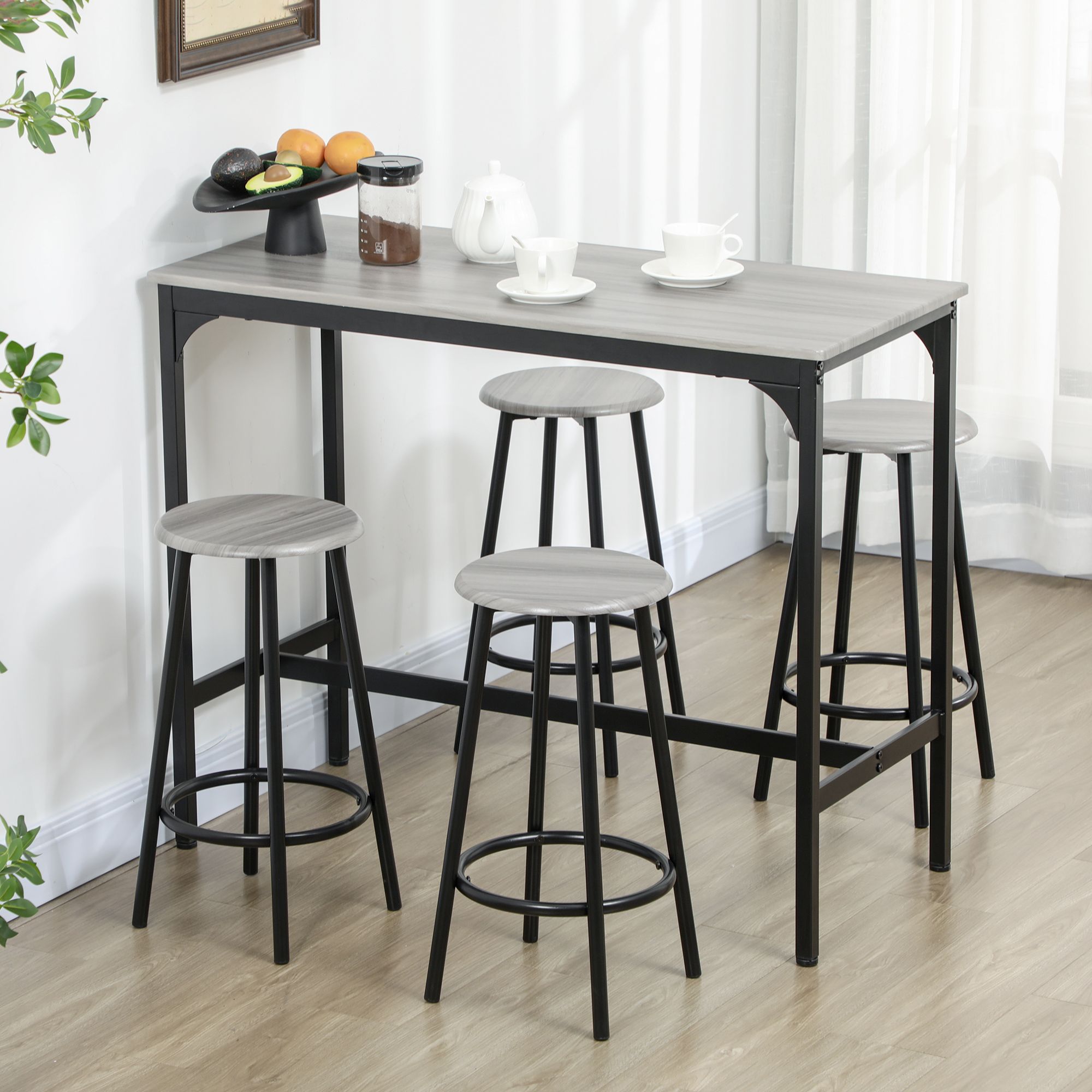 HOMCOM 5 Piece Bar Table & Stools Set with Metal Frame in Grey